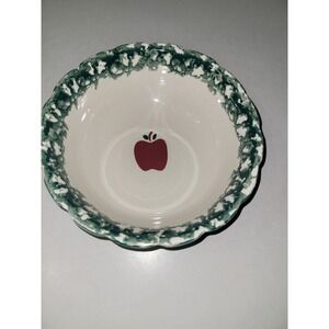 Antique Stoneware Apple Bowl Scalloped Rim Green Accents Kitchenware